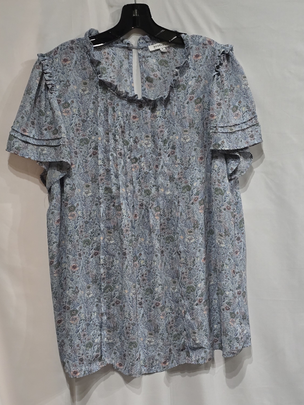 Rose + Olive Blue Floral Top w/Delicate Tiered Ruffle Sleeves, Pleated Front XL - Picture 2 of 7
